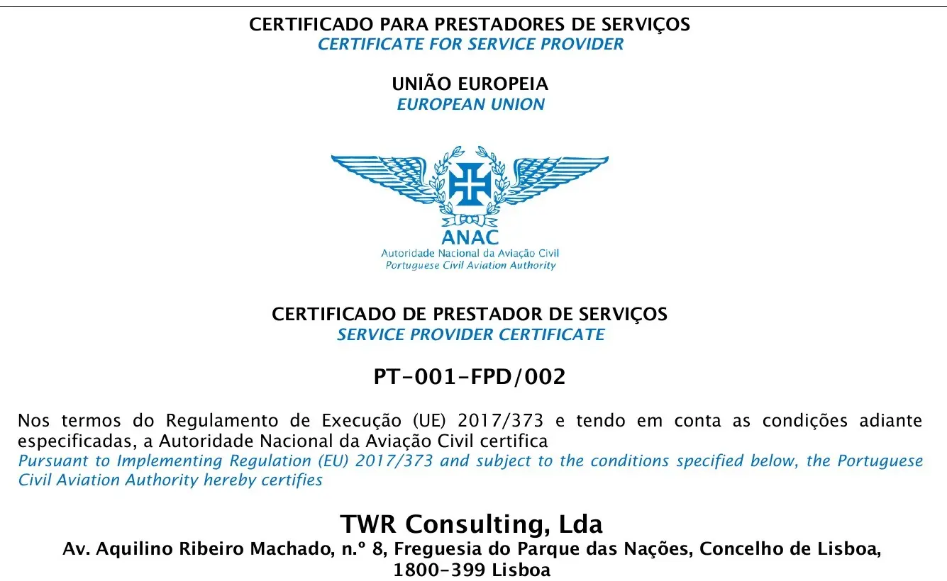 Excerpt from TWR Consulting's ANAC service provider certificate PT-001-FPD/002