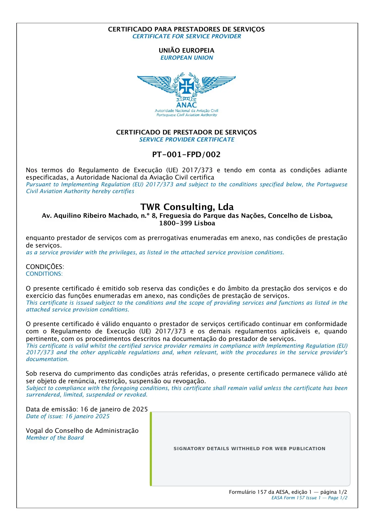 ANAC service provider certificate, page 1 of 2