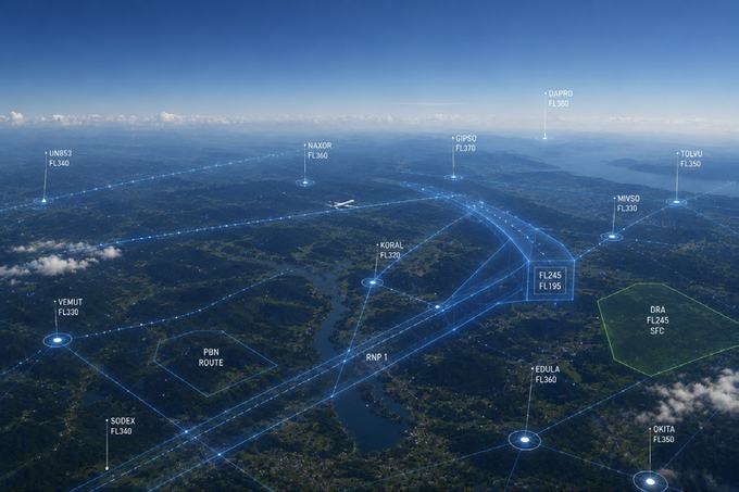 Aerial view with overlaid flight paths and airspace data