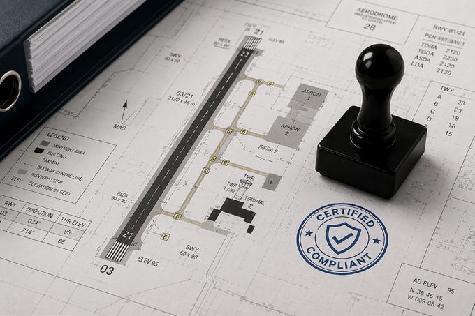 Aerodrome technical drawings with certification stamp