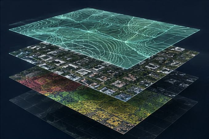 Layered geospatial datasets in a 3D visualisation