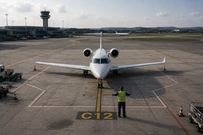 Marshaller guiding a business jet on the apron