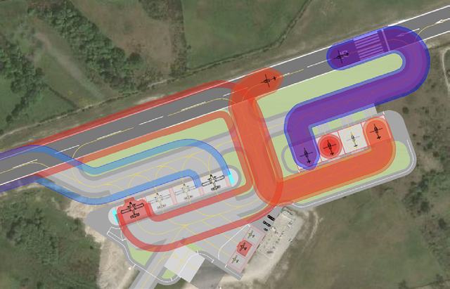 Aerodrome operational layout with runway, taxiway and apron zones